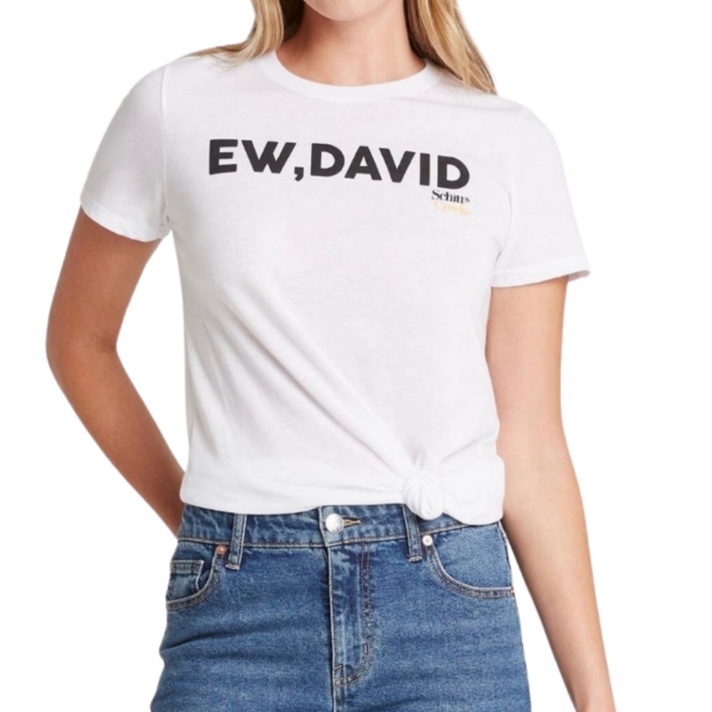 SCHITT'S CREEK "Ew, David" Quote White Short Sleeve T Shirt NWT X-Small